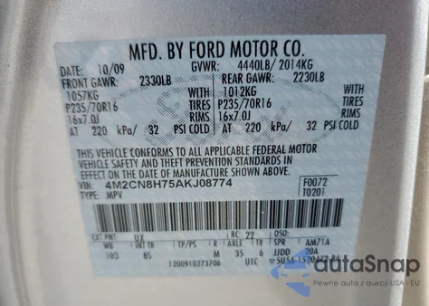 2010 Mercury Mariner Premier из США, поврежденный, VIN 4M2CN8H75AKJ08774